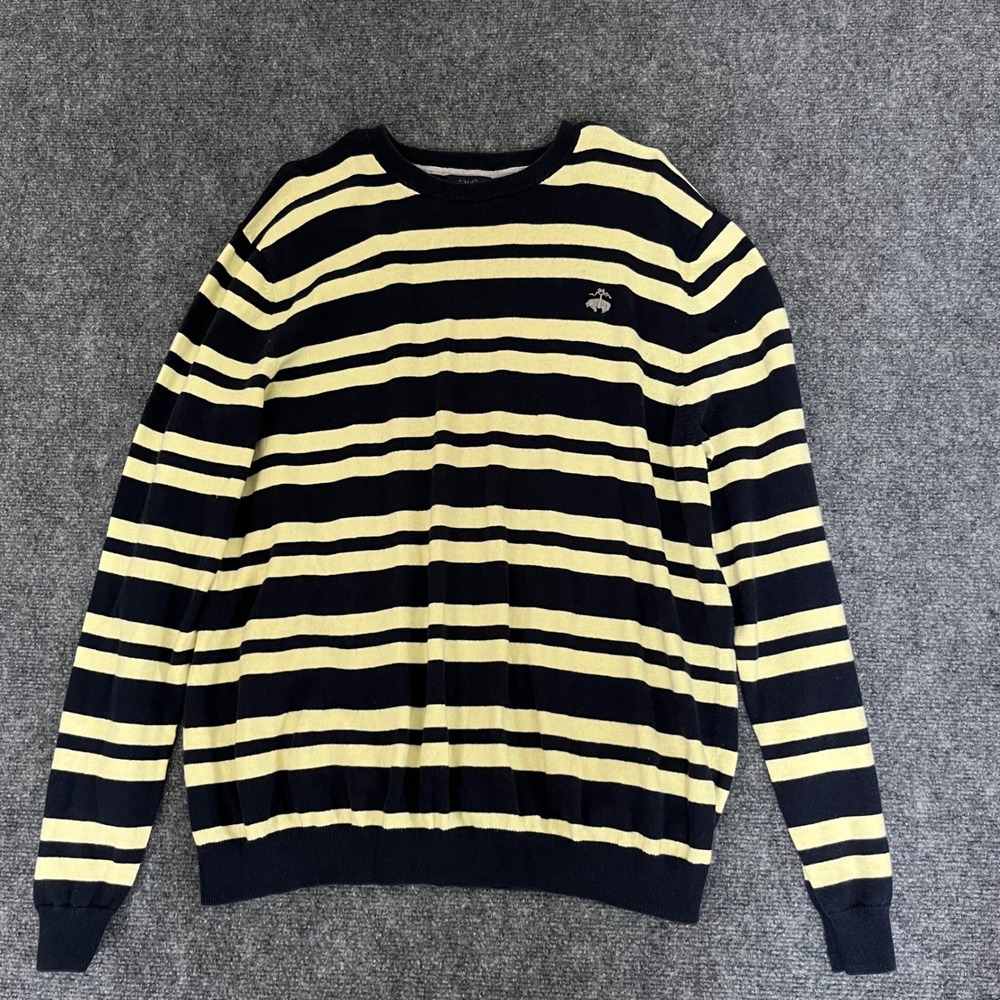 Brooks Brothers 346 Mens XL Navy Yellow Striped Cotton Cashmere Crewneck Sweater
